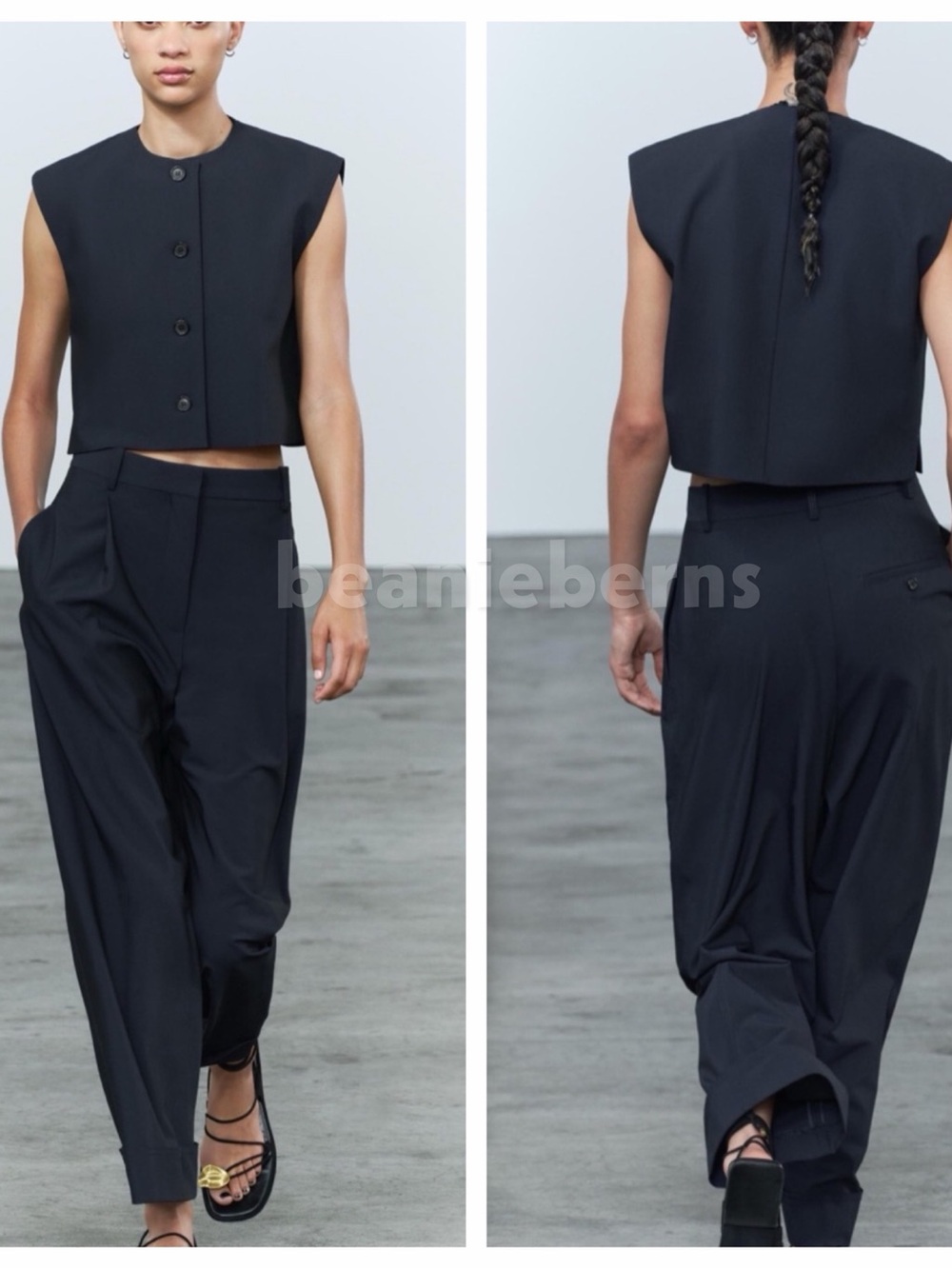 NWT Zara Black Sleeveless Button Front Crop Top Round Neck Vest Suit Size M